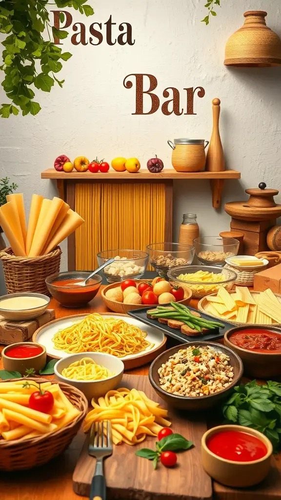 29 Charming Italian-Themed Bridal Shower Ideas You’ll Love 5 A delightful pasta bar setup featuring various types of pasta, sauces, and fresh ingredients, perfect for an Italian-themed bridal shower.