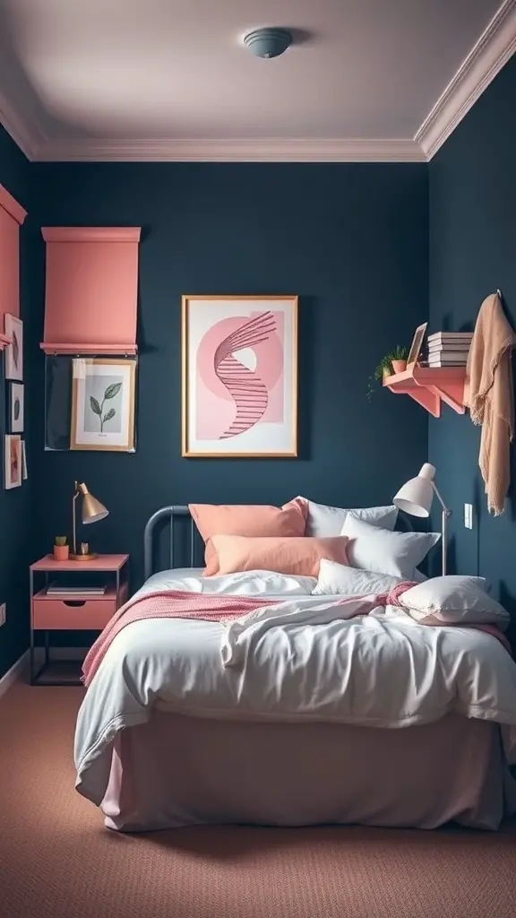 19 Stylish Pink and Blue Dorm Room Ideas to Elevate Your Space 4 A cozy dorm room featuring navy blue walls and pastel pink accents, with a neatly made bed and decorative artwork.