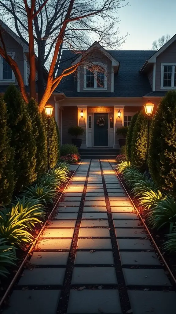 A well-lit pathway leading to a house, lined with greenery and soft lighting.