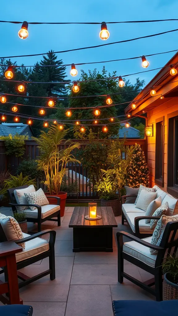 23 Inspiring Outdoor String Lighting Ideas for Your Space 12 Cozy patio lounge with string lights, comfortable seating, and plants