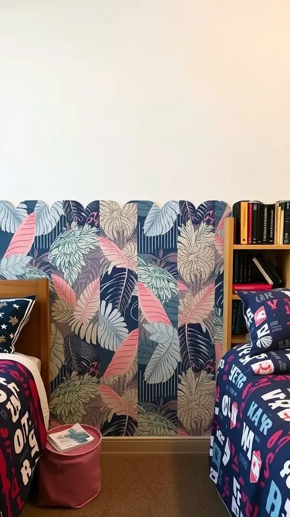 19 Creative Dorm Wall Decor Ideas to Personalize Your Space 13 Peel-and-stick wallpaper featuring colorful leaves in a dorm room setting