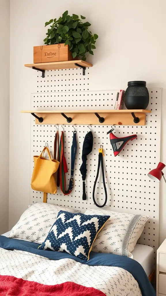 17 Creative Dorm Headboard Ideas to Transform Your Space 11 Pegboard headboard with shelves and hanging items in a cozy dorm room