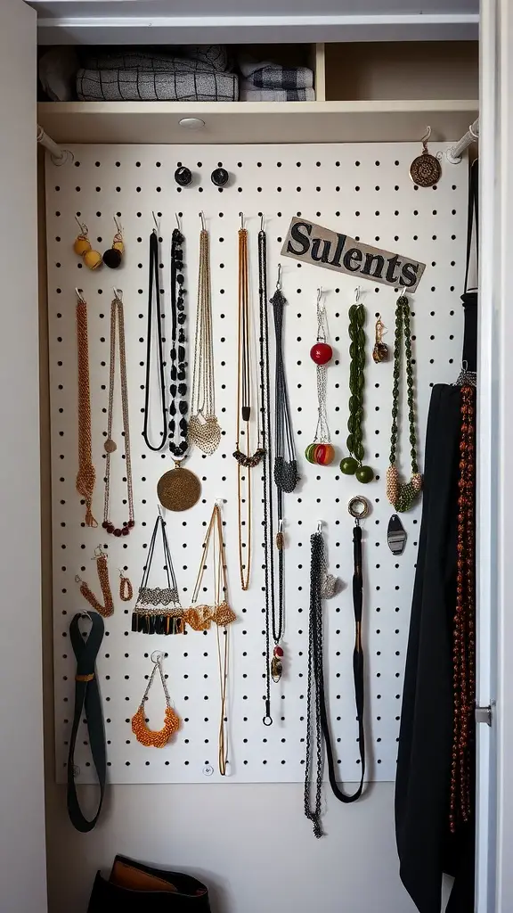 19 Creative Dorm Closet Organization Ideas You Need to Try 12 A pegboard displaying various necklaces and accessories in a closet.