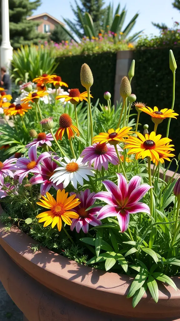 15 Stunning Planter Ideas for Full Sun Gardens 11 A vibrant display of perennial flowers in a planter, featuring a mix of daisies and coneflowers in various colors.