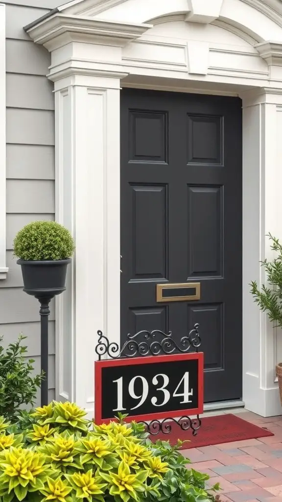 27 Inspiring Outdoor Entryway Decor Ideas to Enhance Your Home's Curb Appeal 12 Image of a stylish entryway with a dark front door, a red and black address marker showing '1934', and lush plants.