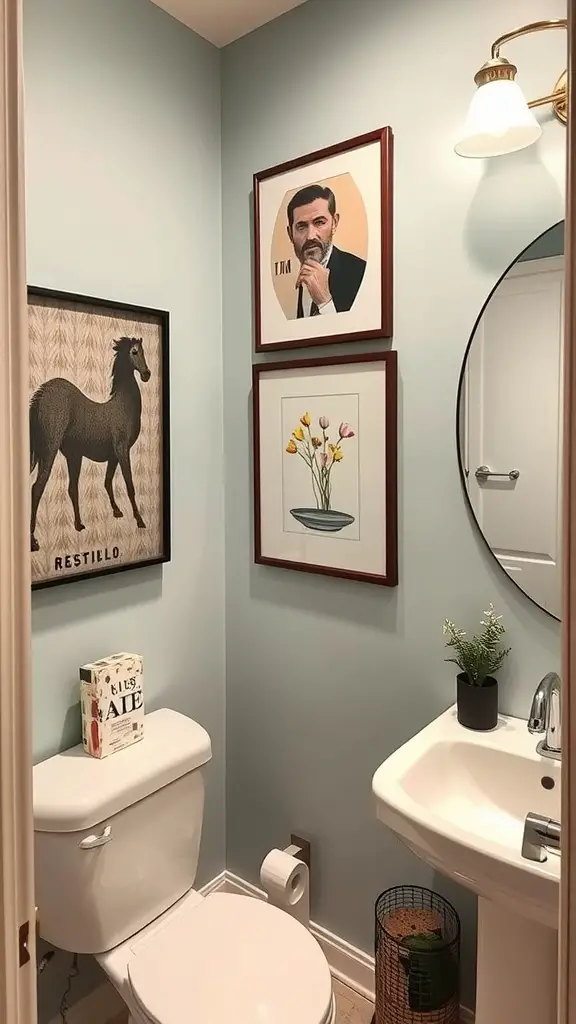 21 Stunning Upstairs Bathroom Ideas You’ll Love 17 A stylish small bathroom showcasing personalized artwork on the walls, including a horse illustration and a portrait.