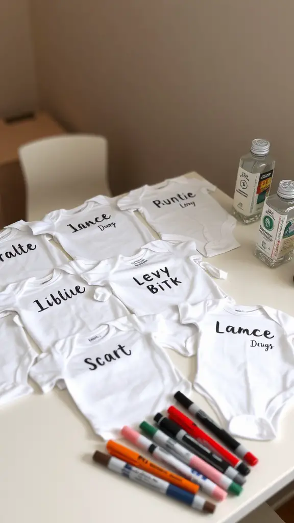 25 Charming June Baby Shower Ideas You'll Love 10 Table with personalized baby onesies and colorful markers for a baby shower activity