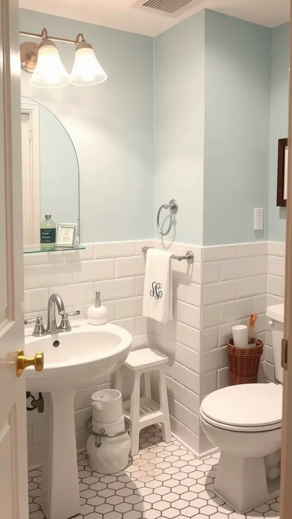 23 Creative College Bathroom Decor Ideas for a Stylish Space 16 A cozy college bathroom with blue walls, white tiles, a monogrammed towel, and simple decor.