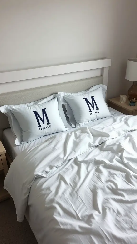 23 Trendy Dorm Bedding Ideas for a Stylish Space 15 A cozy bed with personalized white bedding featuring initials on the pillows.
