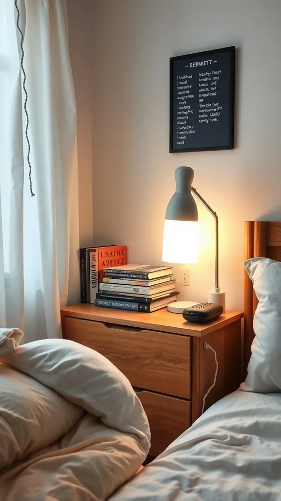 19 Creative Dorm Layout Ideas to Maximize Your Space 16 A stylish and functional bedside area with books, a lamp, and a phone charger.