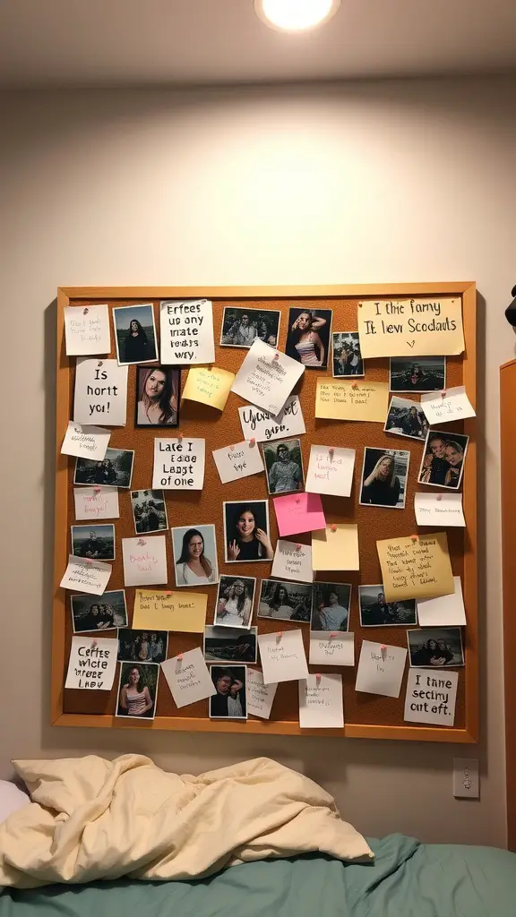 19 Stylish Dorm Room Ideas for a Cozy and Functional Space 2 A personalized bulletin board filled with photos and notes, showcasing memories and quotes.