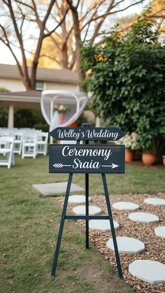 23 Charming Small Backyard Wedding Ideas for Your Dream Celebration 5 Personalized wedding ceremony sign directing guests