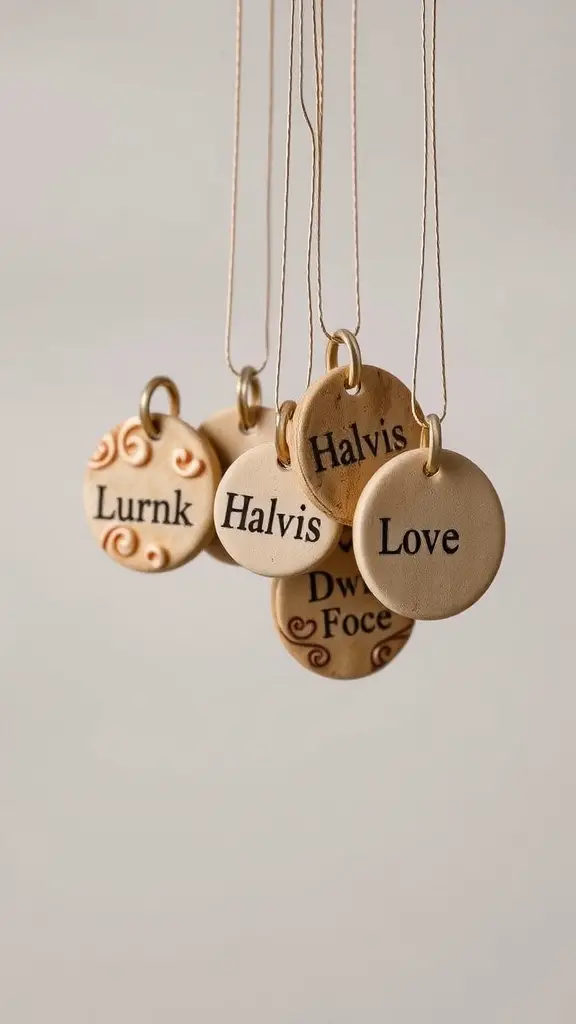 29 Creative Clay Trinket Ideas to Try Today 4 A collection of personalized clay pendants hanging on strings, featuring various words and decorative elements.
