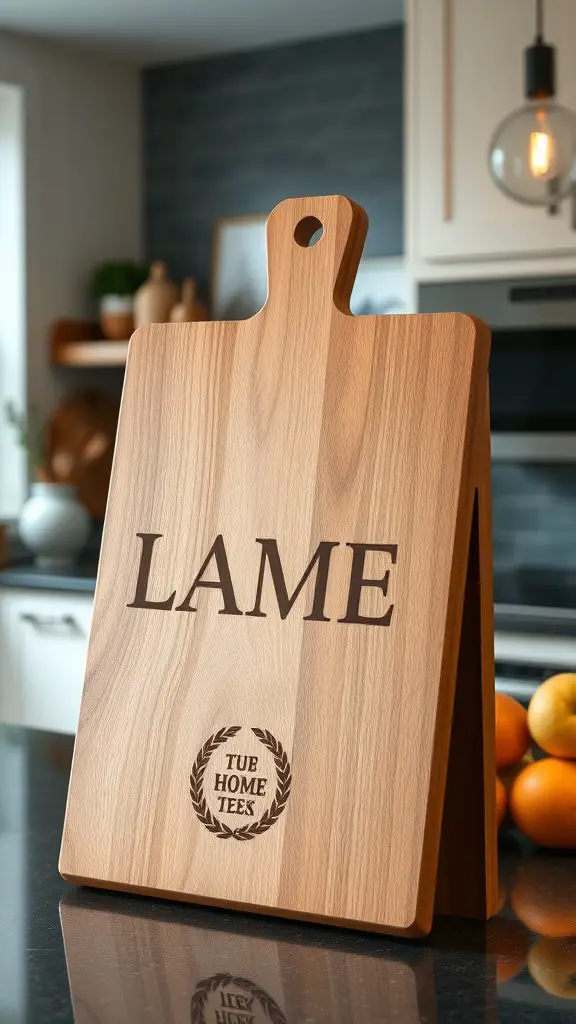 29 Thoughtful Housewarming Gift Ideas Everyone Will Love 10 A wooden personalized cutting board engraved with the word 'LAME' and a logo.