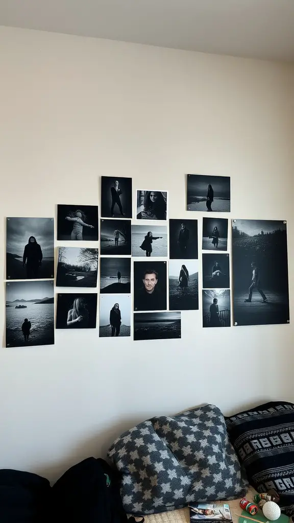 25 Dark Dorm Room Aesthetic Ideas for a Cozy and Chic Vibe 16 A wall decorated with an arrangement of black and white photographs, featuring moody figures and landscapes, creating a dark aesthetic in a dorm room.