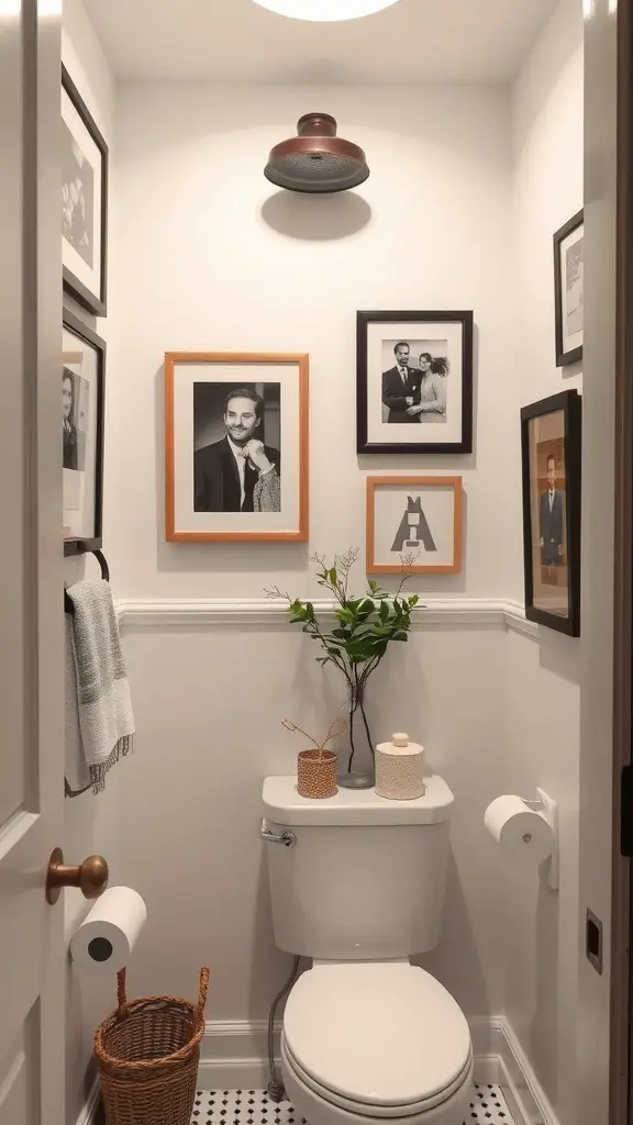 19 Stylish Small Main Bathroom Ideas to Maximize Space 14 A small bathroom featuring framed black and white photos on the walls, a small plant, and a wicker basket, showcasing personalized decor.