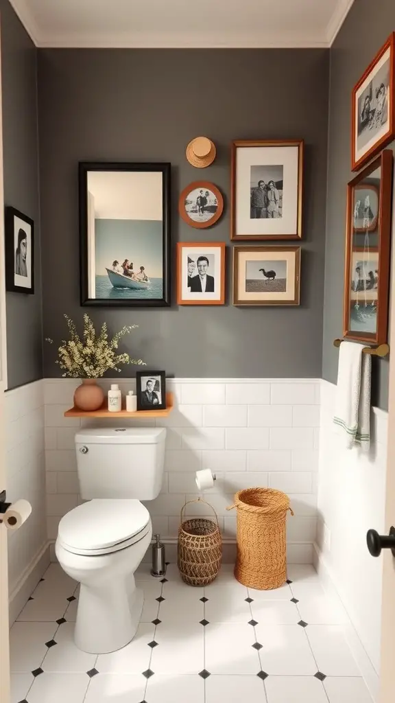21 Timeless Bathroom Ideas to Transform Your Space 17 A stylish bathroom with framed photos, gray walls, and woven baskets.