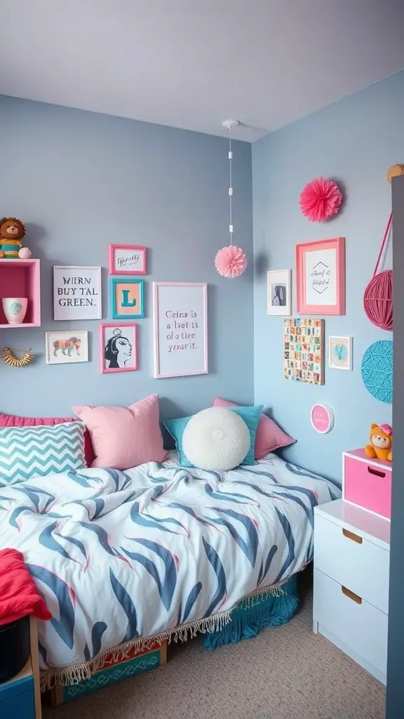 19 Stylish Pink and Blue Dorm Room Ideas to Elevate Your Space 17 A cozy dorm room with light blue walls and pink accents featuring a bed with wavy patterned bedding, colorful pillows, and framed art on the walls.