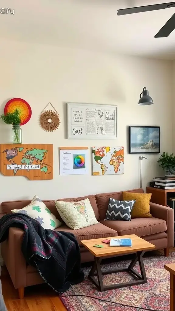 21 Creative Dorm Living Room Ideas to Maximize Space 15 A cozy dorm living room with a brown couch, colorful wall art, and a small coffee table.