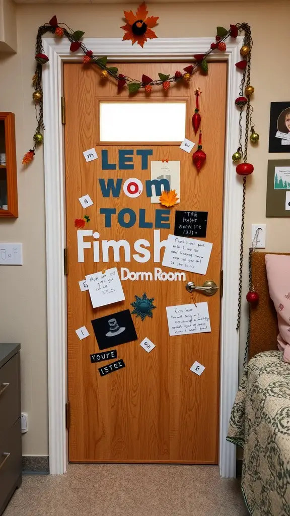 19 Aesthetic Dorm Room Ideas You’ll Love 13 A dorm room door decorated with colorful letters and notes, creating a cheerful and welcoming atmosphere.