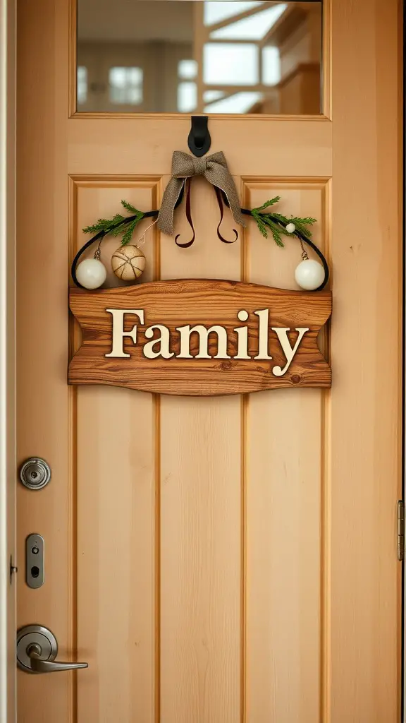 25 Creative Door Hanger Ideas to Customize Your Space 4 A wooden door plaque reading 'Family' with decorative elements, hanging on a door.