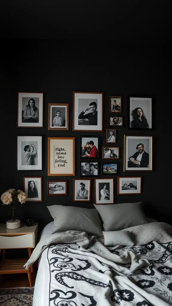 19 Cozy Dark Bedroom Aesthetic Ideas to Transform Your Space 14 A cozy dark bedroom featuring a gallery wall with framed black and white photos and a neatly made bed.