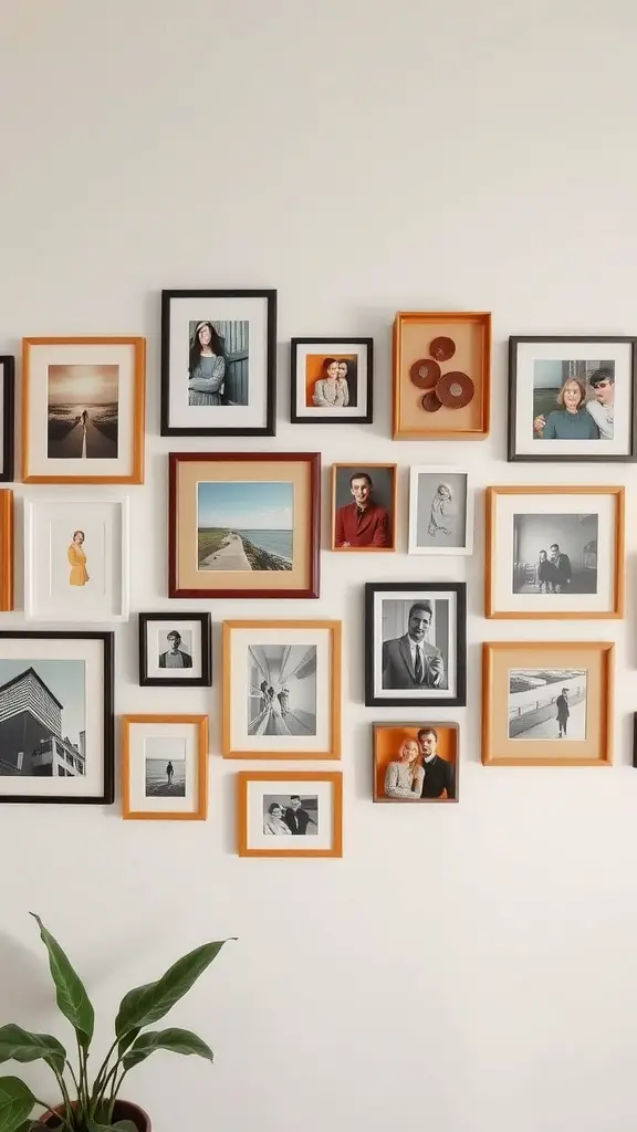 Personalized gallery wall featuring a variety of framed photos in different colors and sizes, along with a green plant at the bottom.