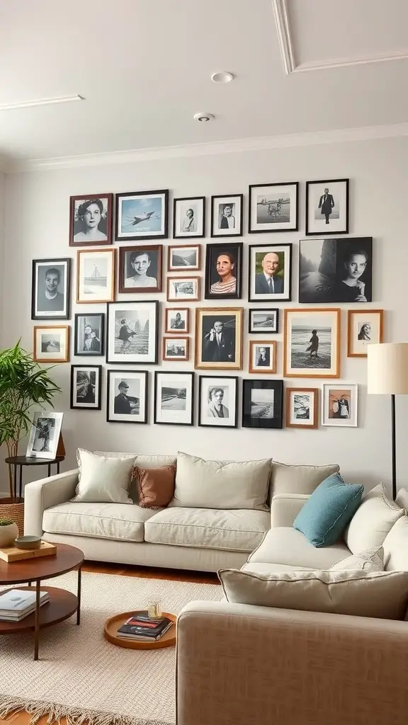21 Cozy Living Room Ideas to Transform Your Space 11 Cozy living room with a personalized gallery wall featuring framed photographs