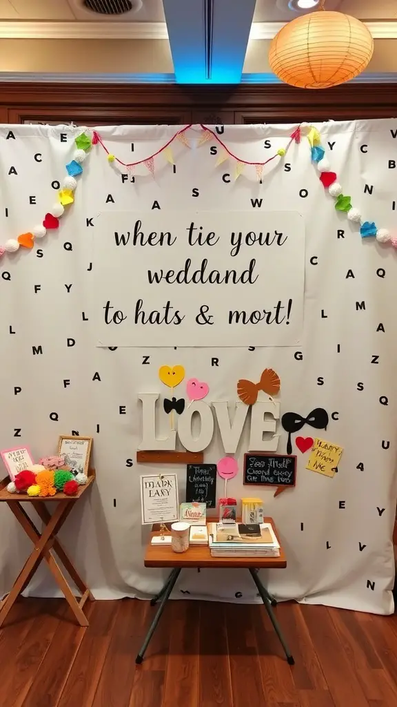 19 Stunning Wedding Decor Ideas for Your Big Day 8 A colorful wedding photo booth backdrop with playful decorations, featuring a sign that reads, 'when tie your weddand to hats & mort!'