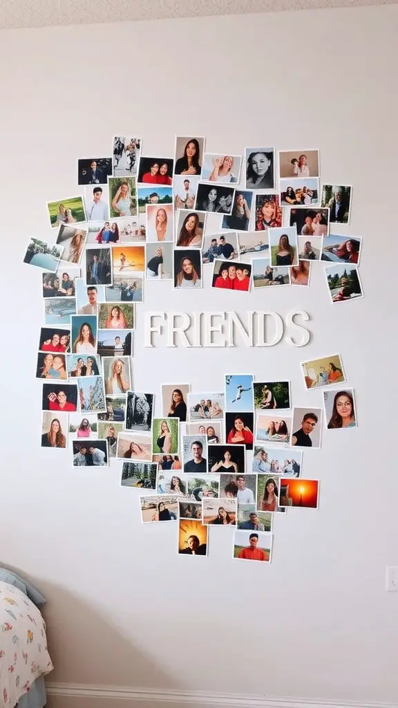 15 Adorable Dorm Room Ideas to Transform Your Space 6 A personalized photo collage in a heart shape with the word 'FRIENDS' in the center, showcasing various pictures of friends and memorable moments.