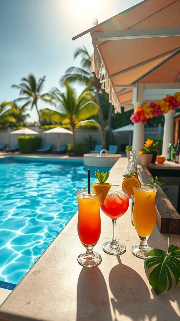 15 Stunning Pool Decorating Ideas to Transform Your Backyard 5 Colorful cocktails on a bar by the poolside with palm trees in the background.