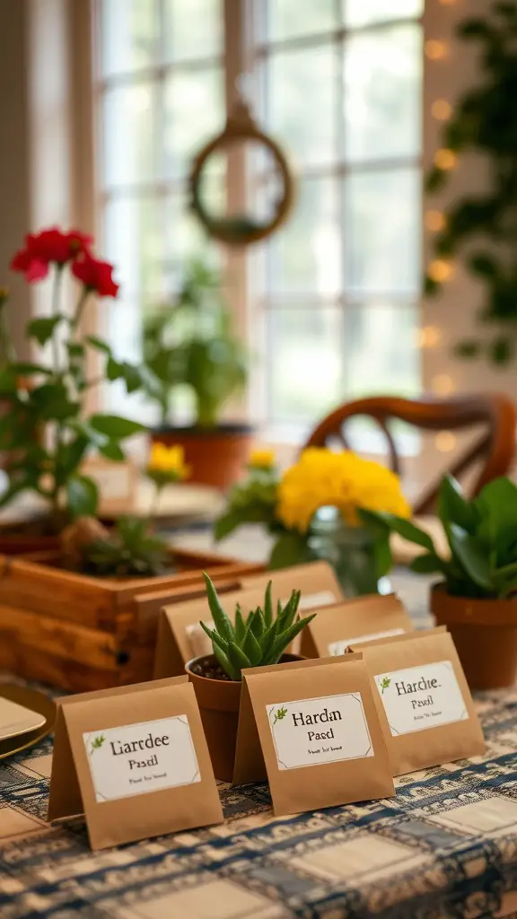 23 Adorable Garden Baby Shower Ideas You Need to Try 17 A table set with personalized seed packet favors, displaying names and plant types, with greenery and flowers in the background.