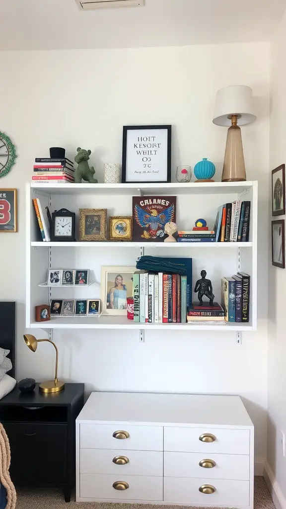 19 Stylish Dorm Room Ideas for Guys 8 A personalized shelf displaying books, collectibles, and decor items.