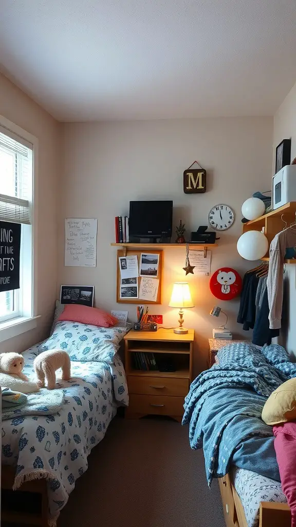 23 Creative Triple Dorm Room Ideas to Maximize Space and Style 8 A cozy triple dorm room with two beds, colorful bedding, and personalized decor on the walls.