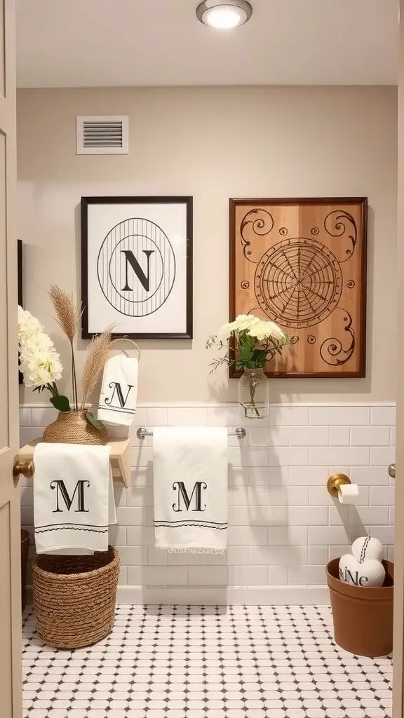 25 Charming Cottage Style Bathroom Ideas to Inspire Your Next Renovation 15 A cozy bathroom featuring personalized towels with initials, nautical-themed artwork, and natural decor.