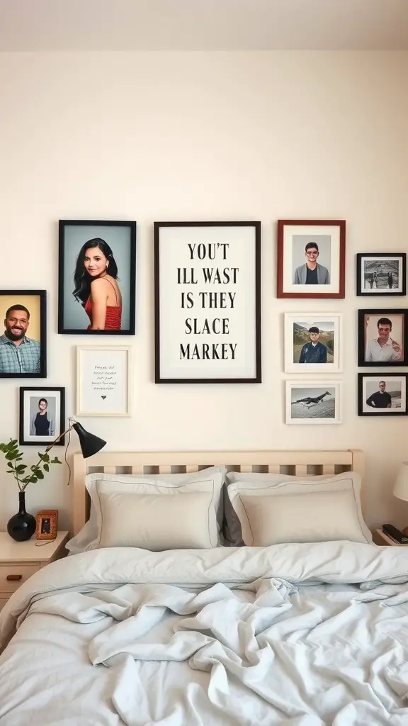 15 Cozy Apartment Bedroom Ideas for Ultimate Comfort 5 A cozy bedroom featuring a wall adorned with personalized framed photos and a quote.