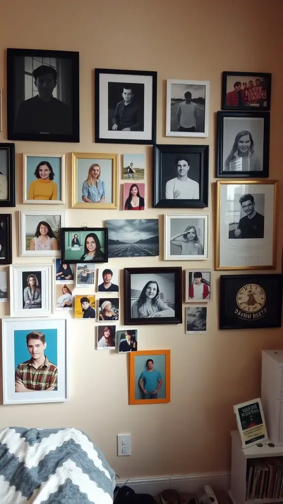 19 Cozy Dorm Room Aesthetic Ideas to Transform Your Space 7 A wall display of framed photographs in various styles and sizes, showcasing personal memories and adding character to a dorm room.