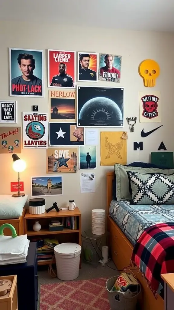 17 Creative Single Dorm Room Ideas You’ll Love 6 A dorm room wall decorated with various posters and art prints, showcasing personal interests and styles.