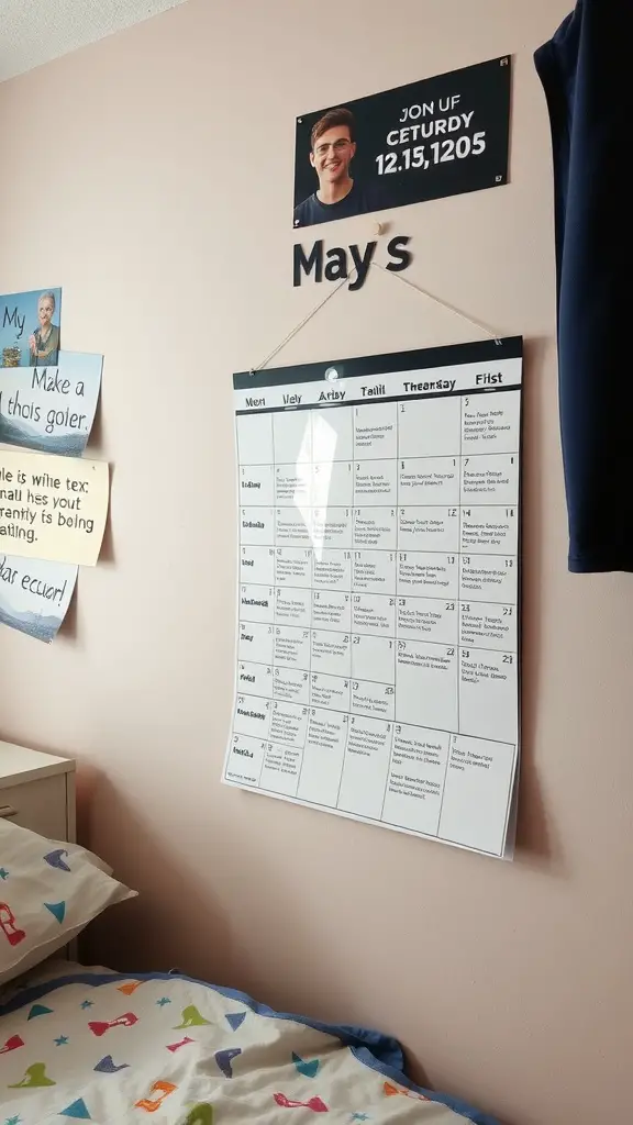 21 Creative Boys Dorm Room Ideas to Elevate Your Space 17 A personalized wall calendar with a photo and schedule hanging on a pink wall in a dorm room.