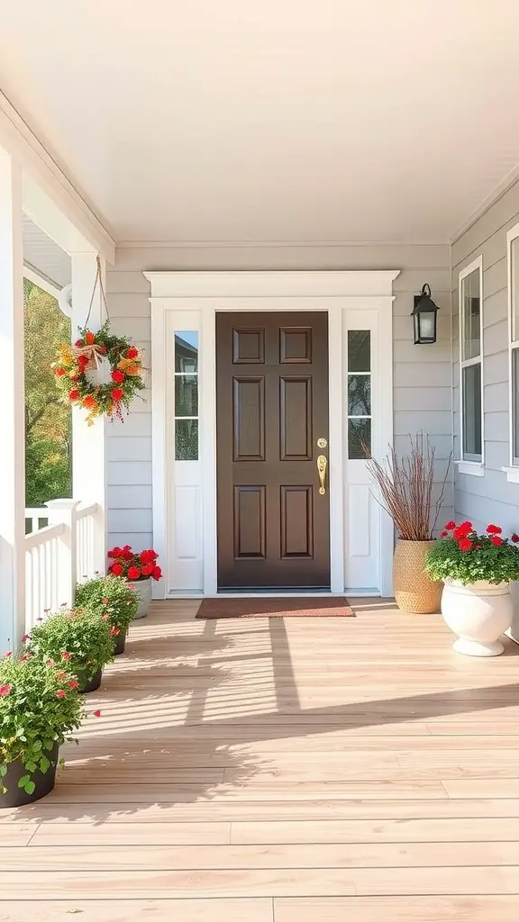 19 Inspiring Front Deck Ideas You'll Love 12 A welcoming front deck with a brown door and flower pots