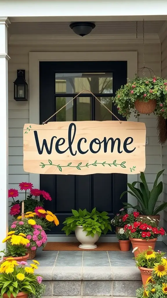 25 Stylish Porch Entryway Ideas to Upgrade Your Home's Curb Appeal 11 A wooden welcome sign hanging on a porch, surrounded by colorful flower pots.