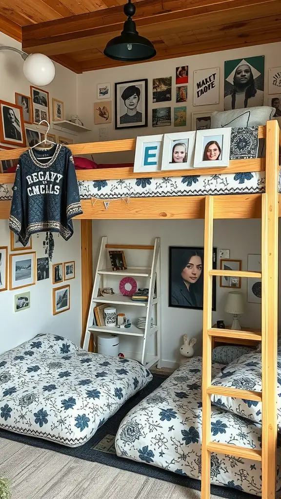 21 Creative Lofted Dorm Bed Ideas for Small Spaces 17 A cozy lofted bed area with floral bedding, framed photos on the wall, and a cozy sweater hanging from the bed.