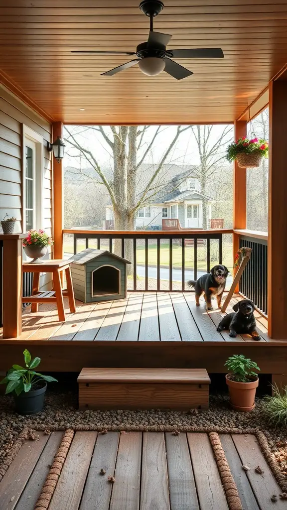 19 Inspiring Front Deck Ideas You'll Love 16 A cozy pet-friendly front deck with wooden flooring, a dog house, and two dogs lounging.