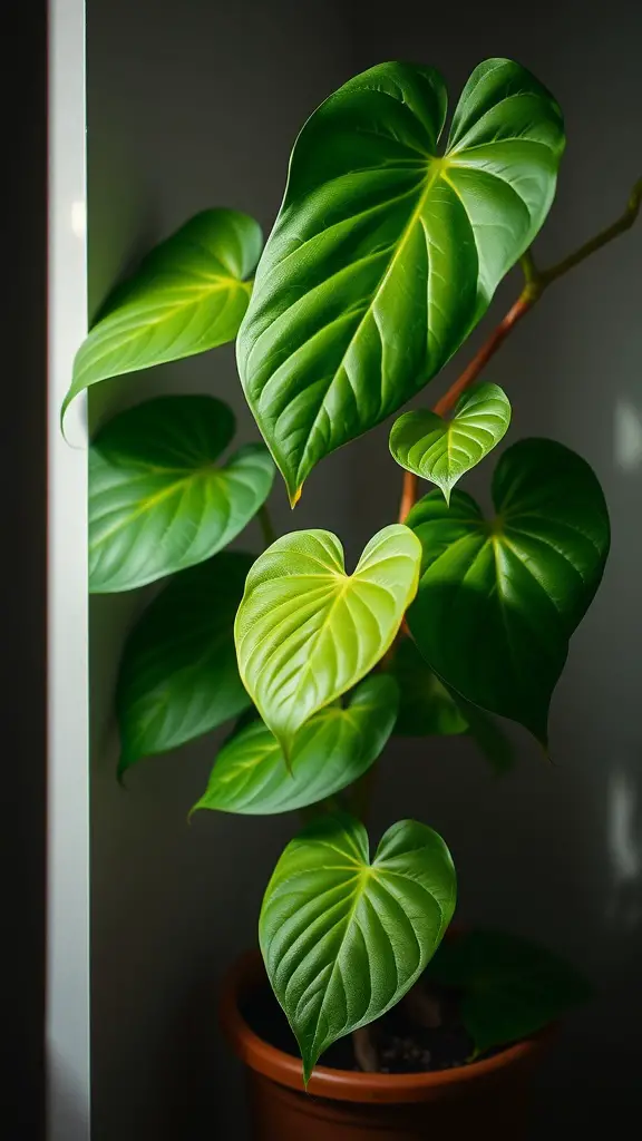 19 Beautiful Low Light Indoor Plants for Your Home 11 A close-up view of a Philodendron plant with lush heart-shaped leaves, showcasing its vibrant green color.
