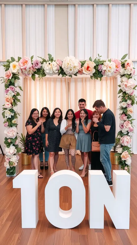 23 Adorable Garden Baby Shower Ideas You Need to Try 16 Group of people posing in front of a floral photo booth with large letters