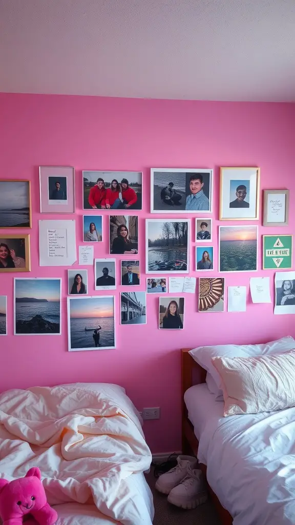 19 Dreamy Pink Dorm Room Ideas to Inspire Your Space 17 Gallery wall with framed photos on a pink background in a dorm room