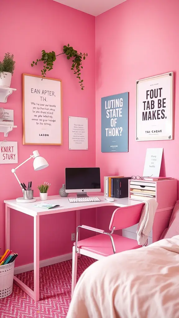 19 Dreamy Pink Dorm Room Ideas to Inspire Your Space 16 A pink-themed study area with a modern desk, computer, and motivational posters on the wall.