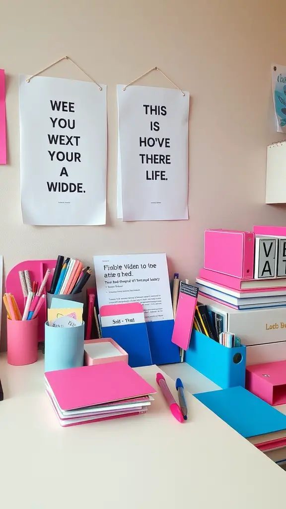 19 Stylish Pink and Blue Dorm Room Ideas to Elevate Your Space 5 A colorful pink and blue desk setup with stationery and motivational posters.