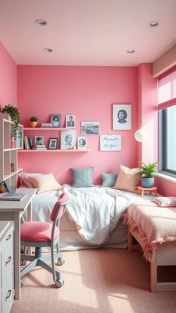 19 Dreamy Pink Dorm Room Ideas to Inspire Your Space 12 A pink and gray dorm room featuring a cozy bed, a stylish desk, and decorative wall art.