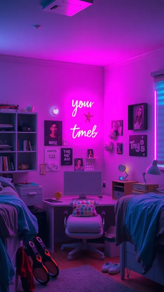 19 Stylish Pink and Blue Dorm Room Ideas to Elevate Your Space 12 A cozy dorm room with a pink neon sign saying 'your time', showcasing a fun and vibrant atmosphere.